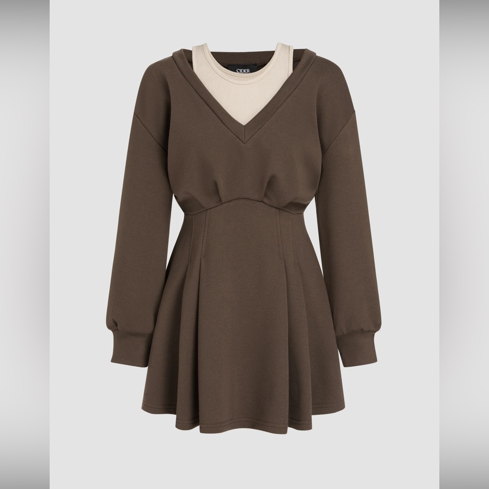 CIDER ROUND NECKLINE SOLID BROWN PLEATED MINI DRESS Medium NWT Oversized